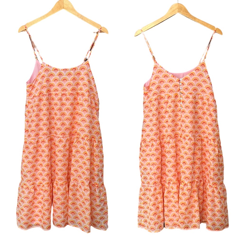J. Marie Pink Orange Tiered Spaghetti Strap Summer Midi Dress Small S